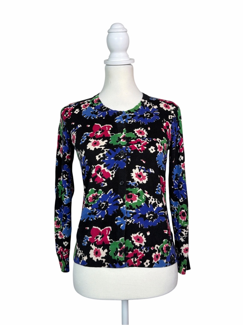 Talbots Petites SP Floral Button Front Cardigan | Black Blue Pink Cotton Rayon S
